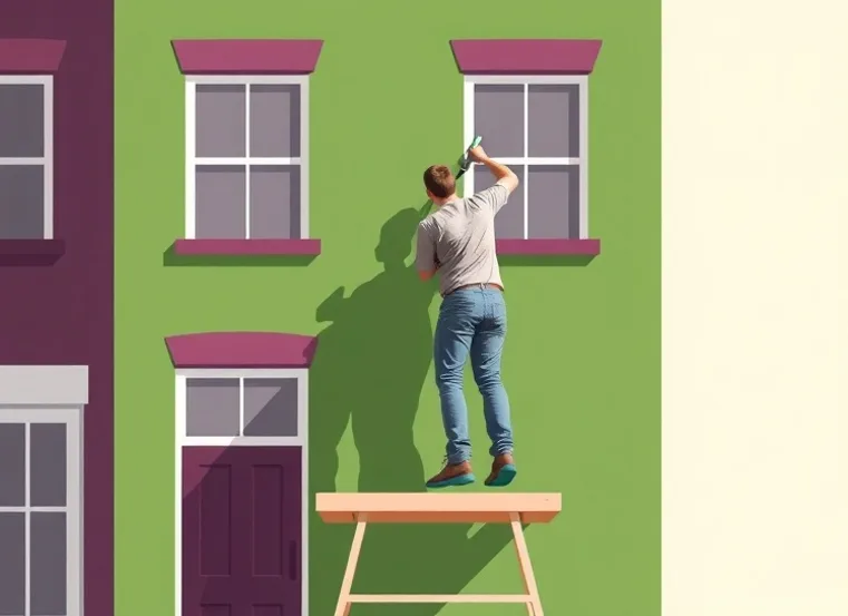 Peintre sur échafaudage traitant la façade d'une maison