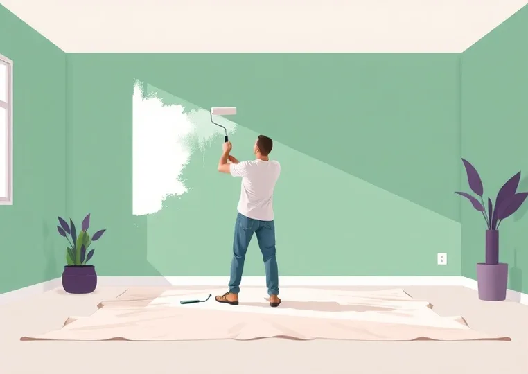 Peintre appliquant la peinture au rouleau sur un mur de salon